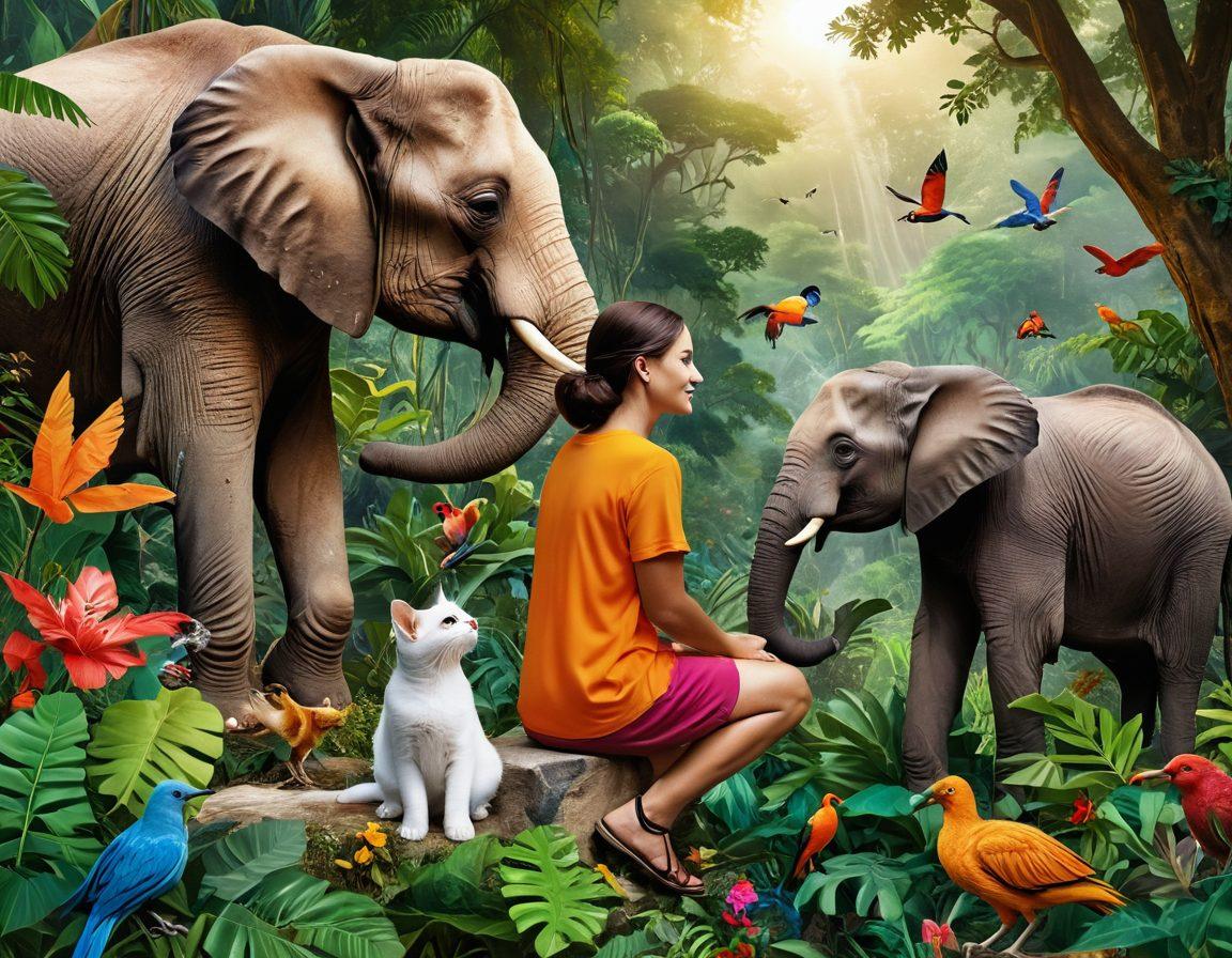 A captivating collage featuring a cozy scene of a person lovingly caring for a pet cat, alongside vibrant wildlife like a majestic elephant and colorful birds in a lush jungle. Include elements of joy and excitement, such as a child interacting with a puppy and a hiker observing wildlife from a distance. Emphasize warmth and connection with animals, blending these scenes harmoniously. vibrant colors. 3D. whimsical.