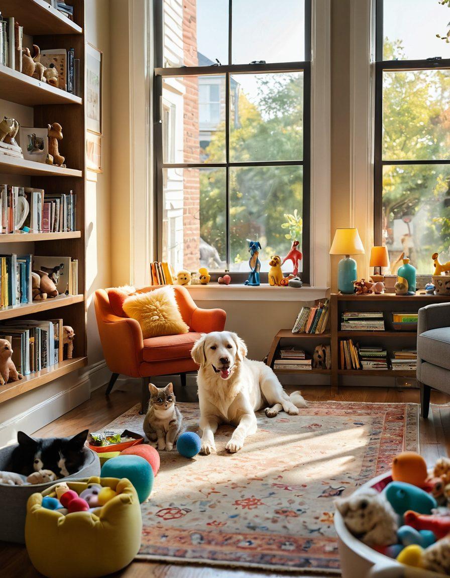 A cozy living room with a cheerful dog and a playful cat interacting, surrounded by colorful toys and feeding bowls. In the background, a bookshelf filled with pet care books and framed pictures of dogs and cats can be seen. Sunlight streams through a window, creating a warm atmosphere, emphasizing the joy of pet ownership. super-realistic. warm colors. inviting ambiance.