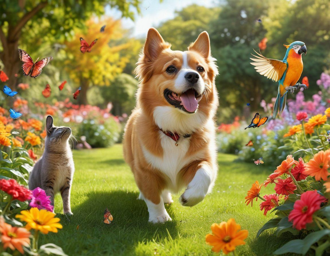 A heartwarming scene of diverse pets playing joyfully in a sunlit park, including a dog and cat frolicking together, a rabbit hopping, and a colorful parrot perched nearby. Include pet owners smiling and engaging with their animals, surrounded by vibrant flowers and playful butterflies to symbolize happiness and companionship. The scene radiates warmth and love for pets, inviting pet lovers to explore. super-realistic. vibrant colors. soft-focus background.